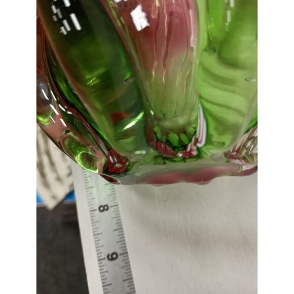 VTG Watermelon Twist Pink Green Art Glass Hand Blown Murano Style Vase 7.5" - Picture 9 of 10